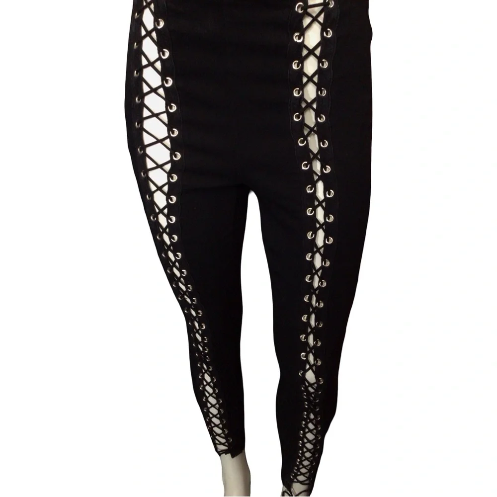 Black Lace-Up High-Waisted Gothid Pants size Small - Picture 3 of 8